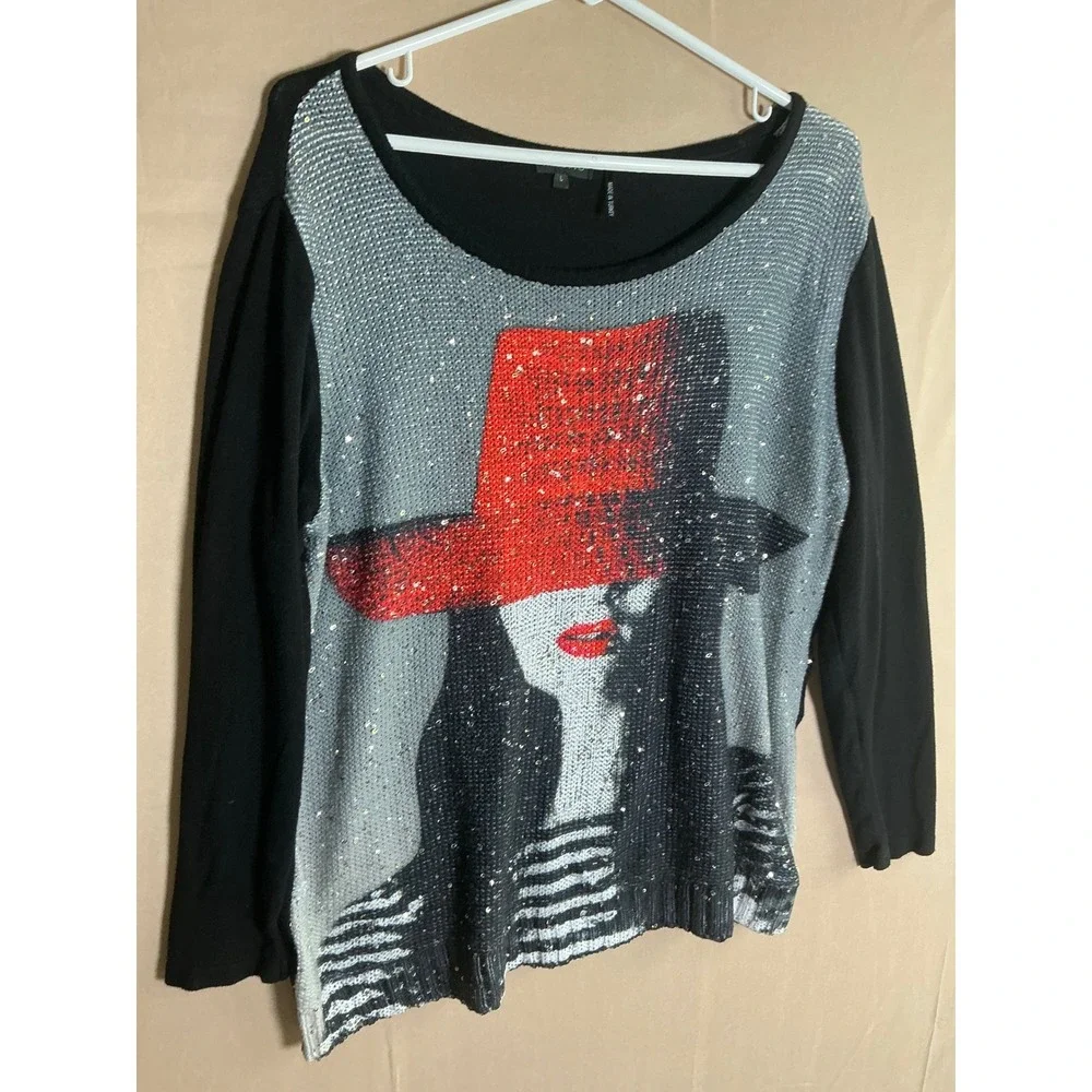 Tricotto Womens Large Black Red Hat Sequin Graphic Long Sleeve Knit Top Turkey - Picture 4 of 11